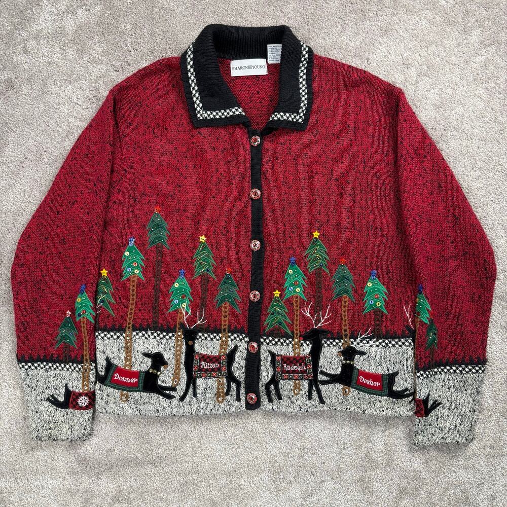 Sharon Young Size L Christmas Reindeer Cardigan Novelty Holiday Sweater
